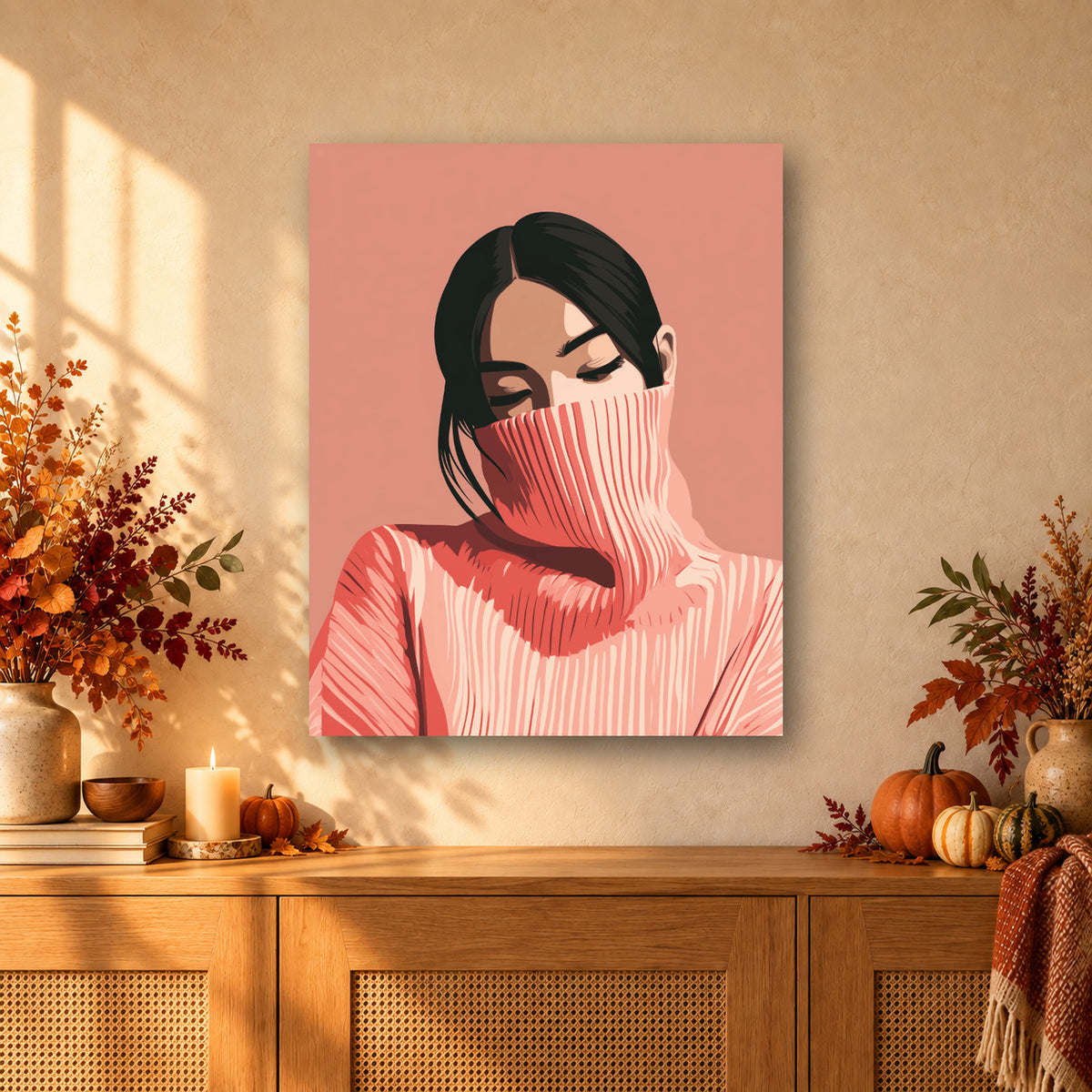 Tableau peinture par numéro Col Roulé Rose accroché dans un intérieur décoré, Maison Artsen