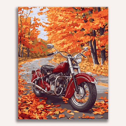 Peinture par numéro adulte Moto sur la Route d'Automne, visuel complet du design sur toile, Maison Artsen