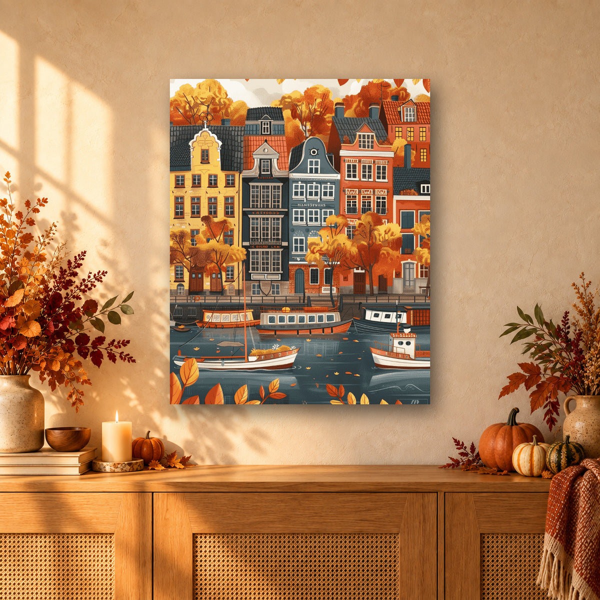 Tableau peinture par numéro Automne Nordique accroché dans un intérieur décoré, Maison Artsen
