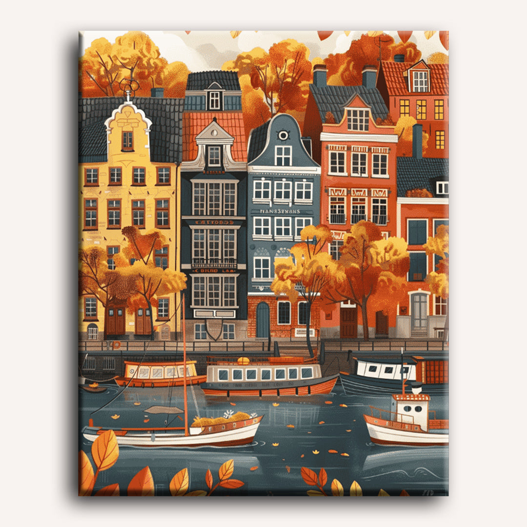 Peinture par numéro adulte Automne Nordique, visuel complet du design sur toile, Maison Artsen