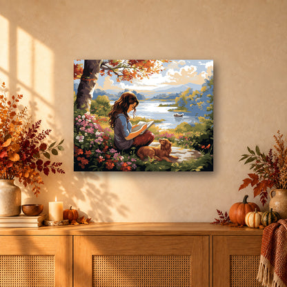 Tableau peinture par numéro Lecture au Bord du Lac accroché dans un intérieur décoré, Maison Artsen