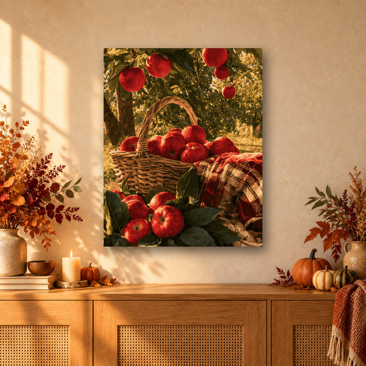 Tableau peinture par numéro Panier de Pommes du Verger accroché dans un intérieur décoré, Maison Artsen