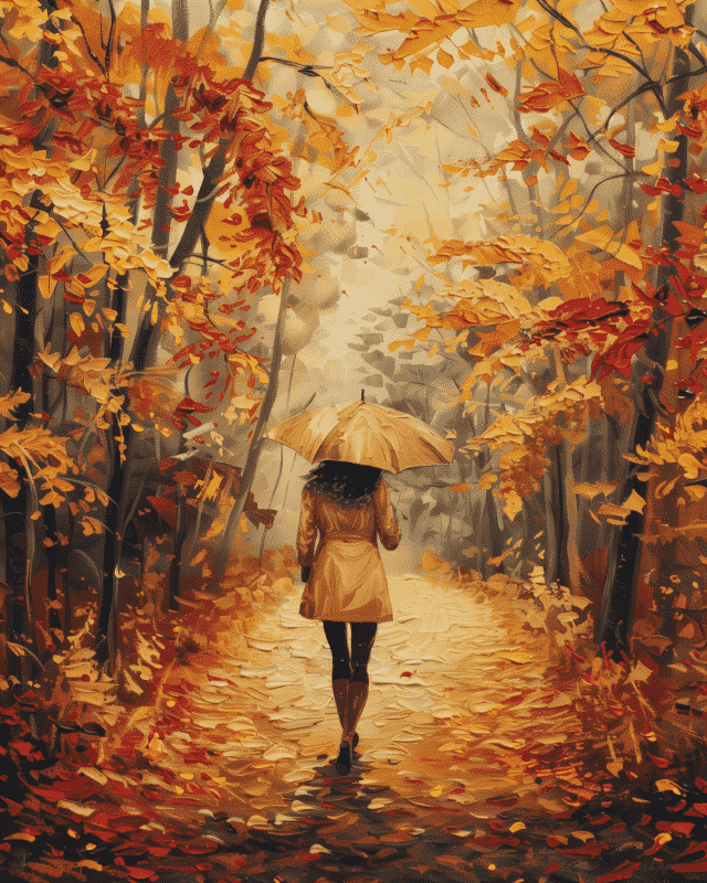 Peinture par numéro adulte Femme dans la Forêt d'Automne, visuel complet du design sur toile, Maison Artsen