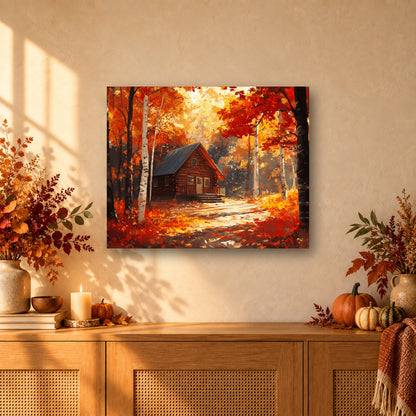 Tableau peinture par numéro Chalet au Cœur de l'Automne accroché dans un intérieur décoré, Maison Artsen