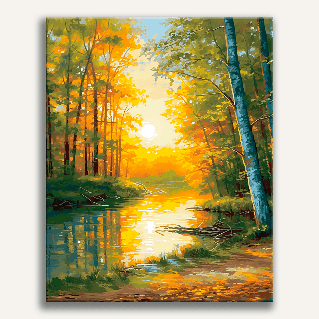 Peinture par numéro adulte Reflets d'Automne, visuel complet du design sur toile, Maison Artsen