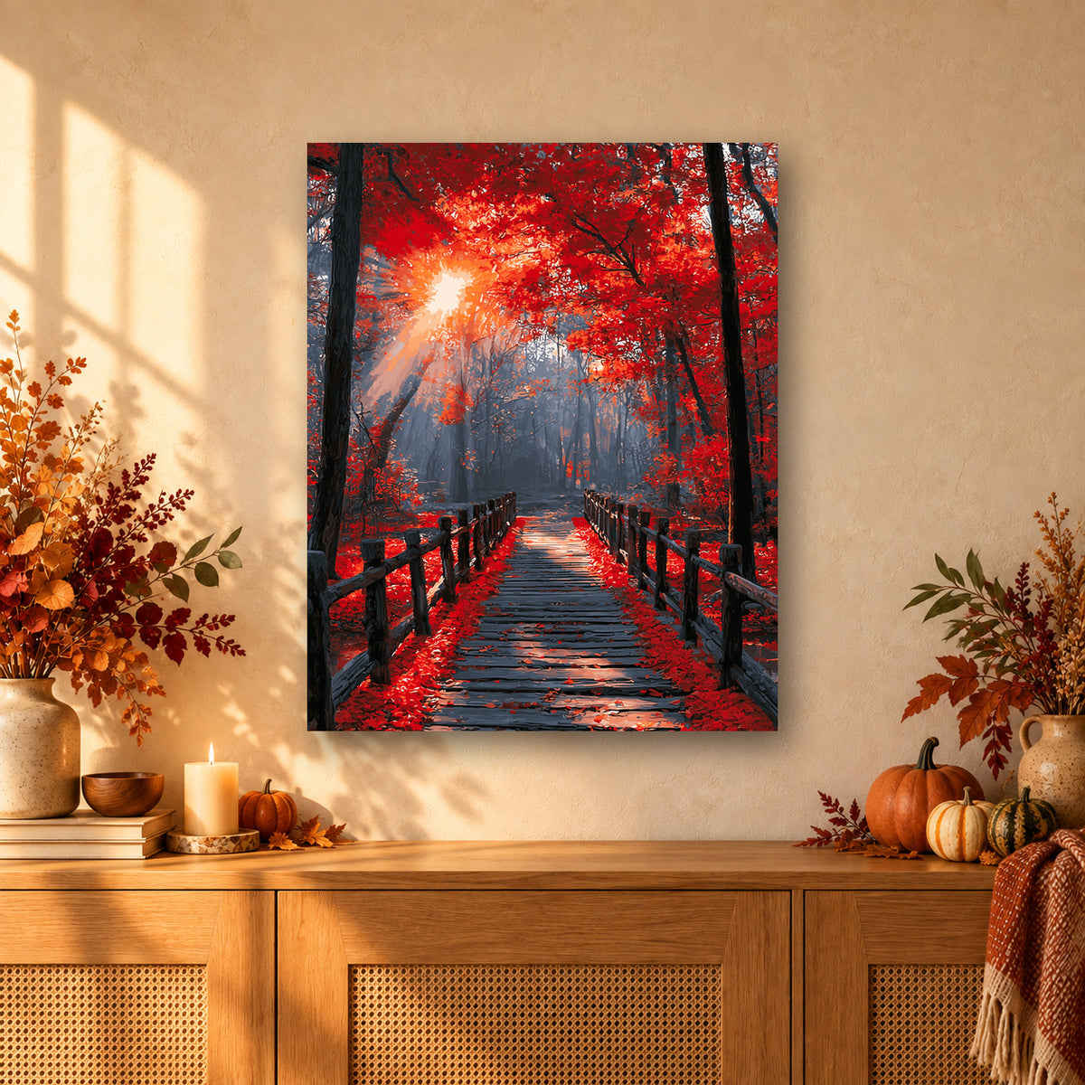Tableau peinture par numéro Passerelle Écarlate accroché dans un intérieur décoré, Maison Artsen
