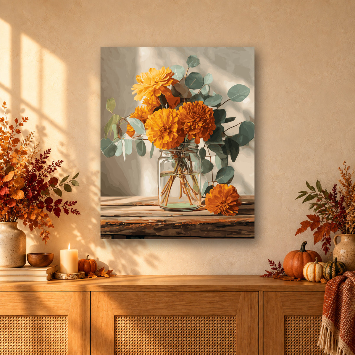 Tableau peinture par numéro Bouquet de Soucis accroché dans un intérieur décoré, Maison Artsen