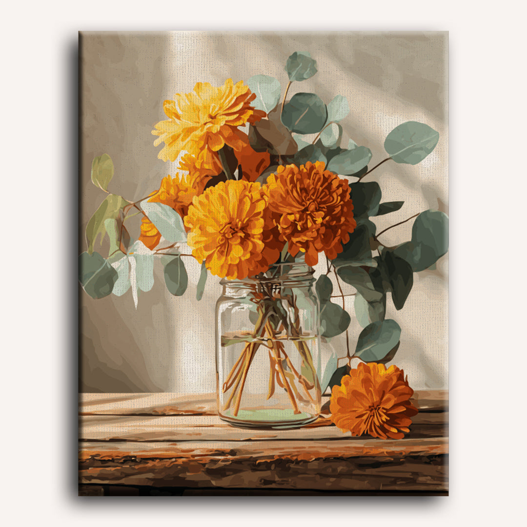Peinture par numéro adulte Bouquet de Soucis, visuel complet du design sur toile, Maison Artsen