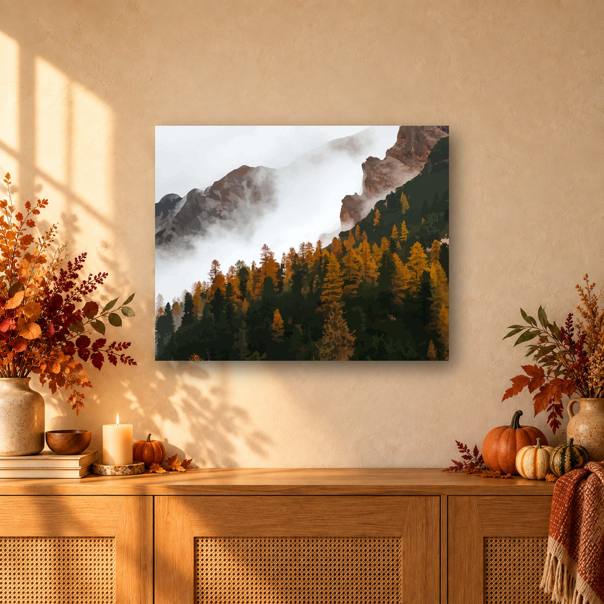 Tableau peinture par numéro Forêt Alpine en Automne accroché dans un intérieur décoré, Maison Artsen