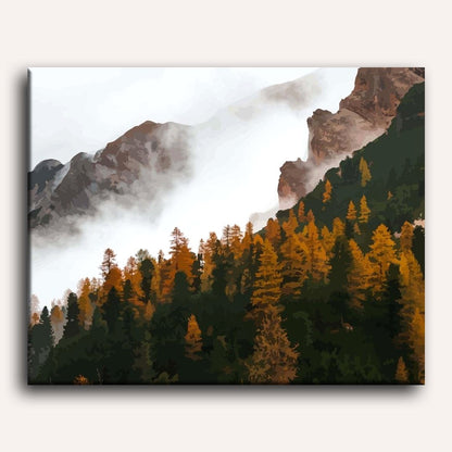 Peinture par numéro adulte Forêt Alpine en Automne, visuel complet du design sur toile, Maison Artsen