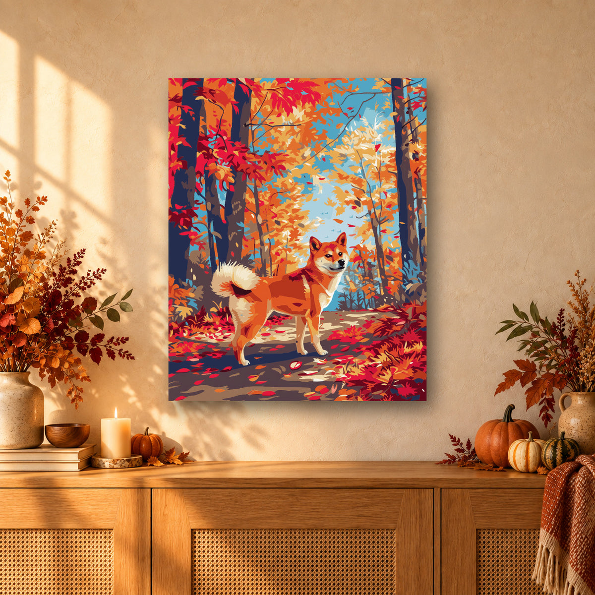Tableau peinture par numéro Shiba en Automne accroché dans un intérieur décoré, Maison Artsen