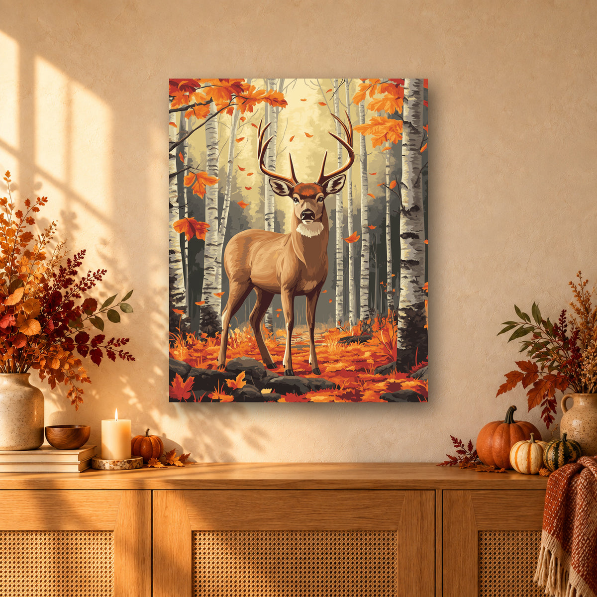 Tableau peinture par numéro Cerf d'Automne accroché dans un intérieur décoré, Maison Artsen