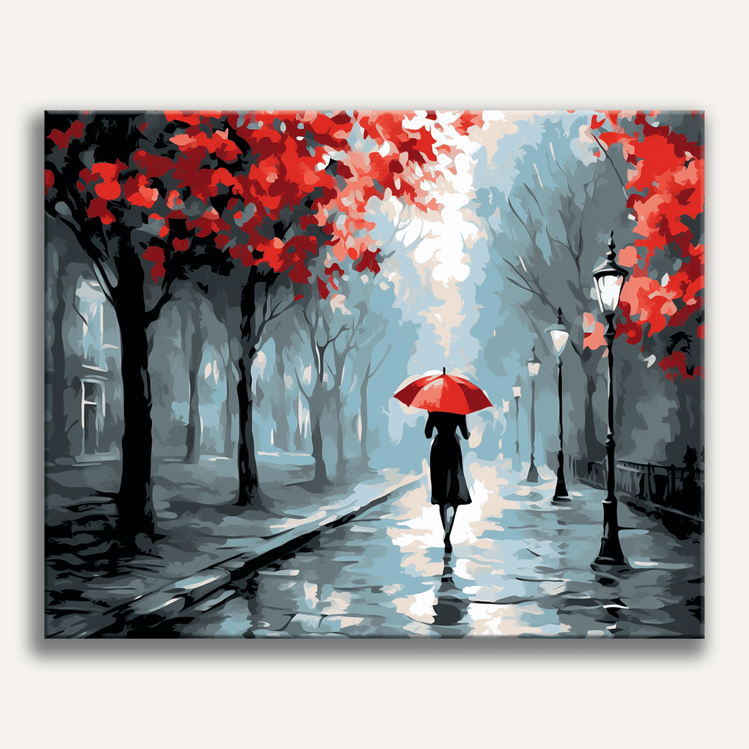 Peinture par numéro adulte Solitude sous la Pluie, visuel complet du design sur toile, Maison Artsen
