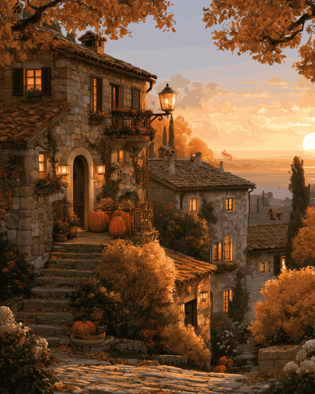 Peinture par numéro adulte Lumière d'Automne en Toscane, visuel complet du design sur toile, Maison Artsen