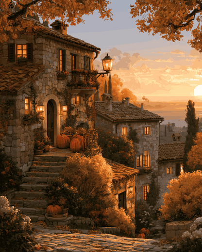 Peinture par numéro adulte Lumière d'Automne en Toscane, visuel complet du design sur toile, Maison Artsen