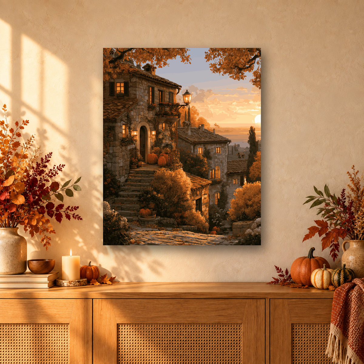 Tableau peinture par numéro Lumière d'Automne en Toscane accroché dans un intérieur décoré, Maison Artsen