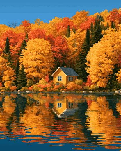 Peinture par numéro Reflet du Chalet d'Automne, a plat — Maison Artsen