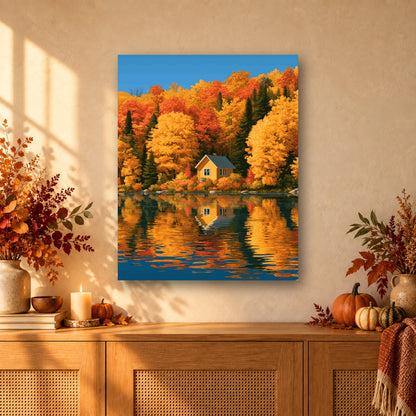 Tableau peinture par numéro Reflet du Chalet d'Automne accroché dans un intérieur décoré, Maison Artsen