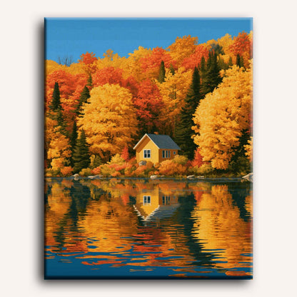 Peinture par numéro adulte Reflet du Chalet d'Automne, visuel complet du design sur toile, Maison Artsen