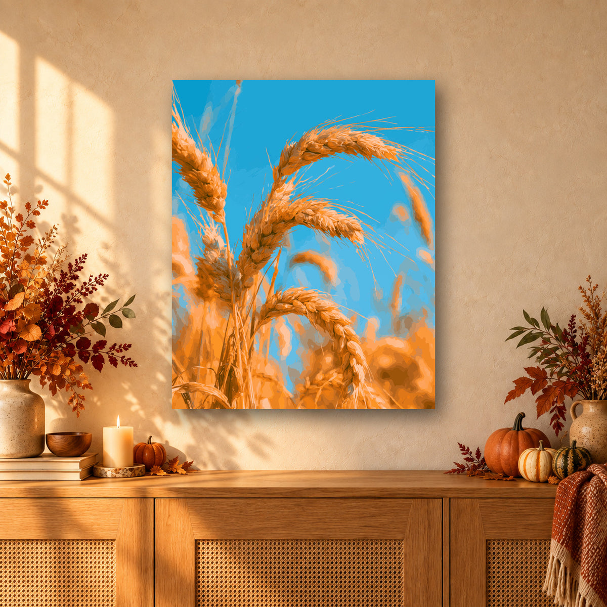 Tableau peinture par numéro Moisson Dorée accroché dans un intérieur décoré, Maison Artsen