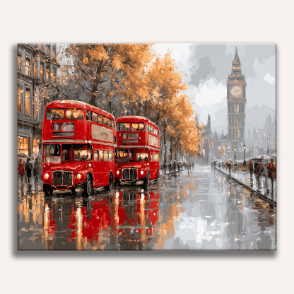 Peinture par numéro adulte Londres sous la Pluie, visuel complet du design sur toile, Maison Artsen