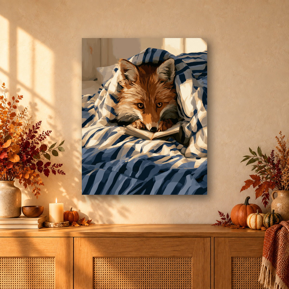 Tableau peinture par numéro Le Renard Lecteur accroché dans un intérieur décoré, Maison Artsen