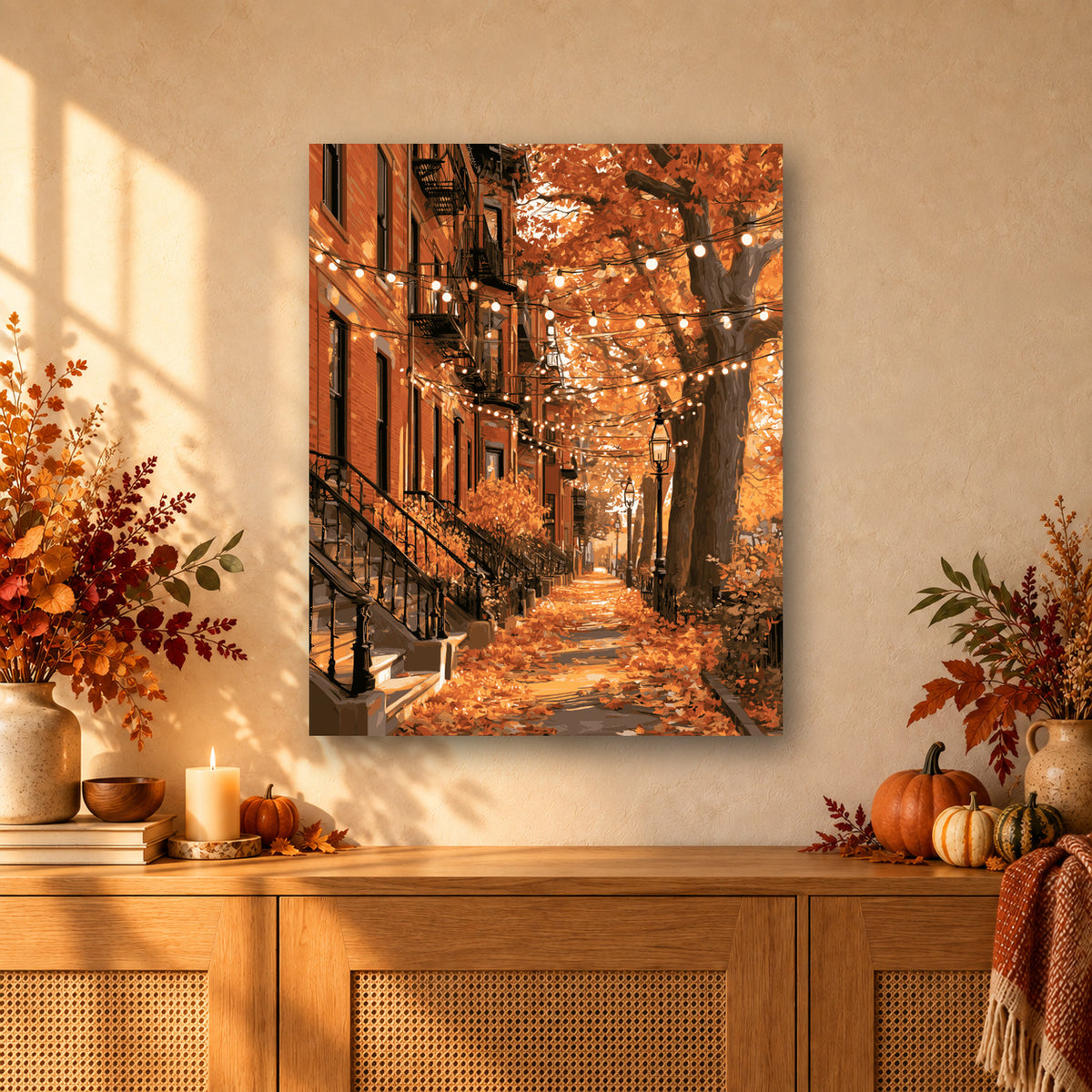 Tableau peinture par numéro Lumières d'Automne à Brooklyn accroché dans un intérieur décoré, Maison Artsen