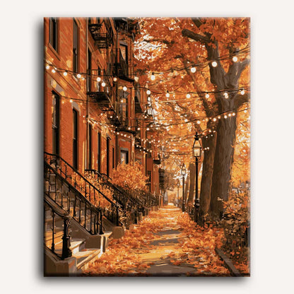 Peinture par numéro adulte Lumières d'Automne à Brooklyn, visuel complet du design sur toile, Maison Artsen