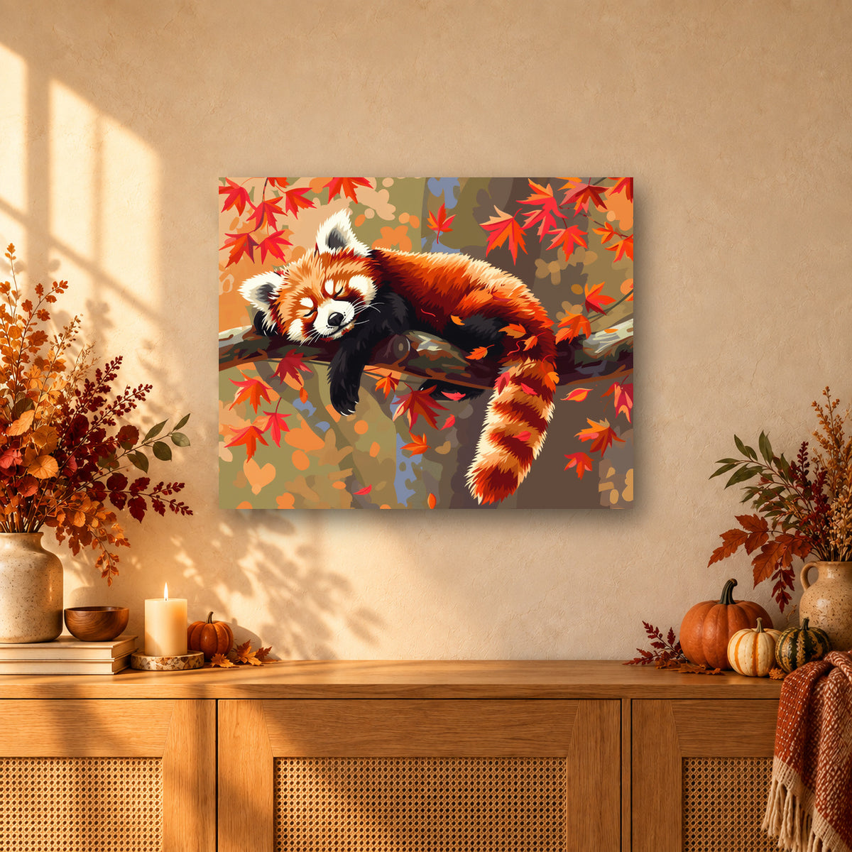 Tableau peinture par numéro Panda Roux dans les Feuilles accroché dans un intérieur décoré, Maison Artsen