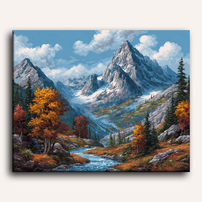 Peinture par numéro adulte Sommets d'Automne, visuel complet du design sur toile, Maison Artsen