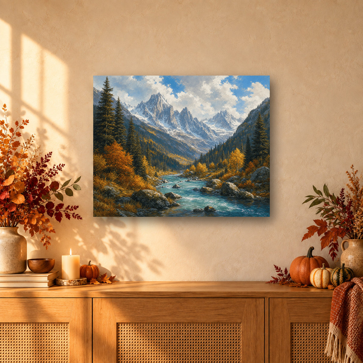 Tableau peinture par numéro Majesté des Montagnes accroché dans un intérieur décoré, Maison Artsen