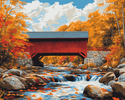 Peinture par numéro Pont Rouge d'Automne, a plat — Maison Artsen