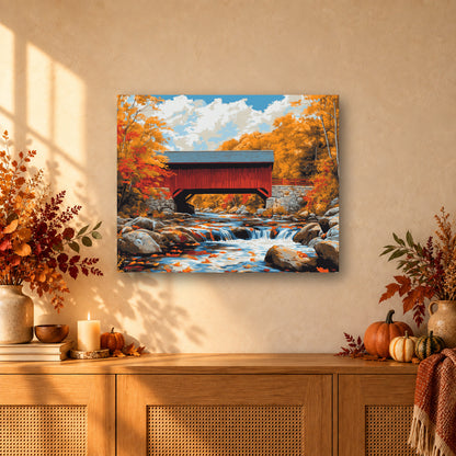 Tableau peinture par numéro Pont Rouge d'Automne accroché dans un intérieur décoré, Maison Artsen