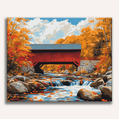 Peinture par numéro adulte Pont Rouge d'Automne, visuel complet du design sur toile, Maison Artsen