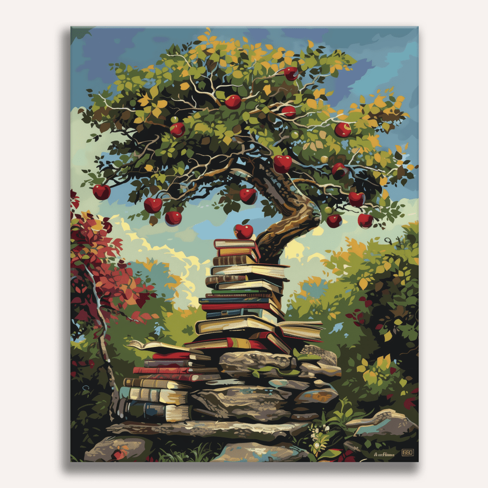 Peinture par numéro adulte Arbre des Histoires, visuel complet du design sur toile, Maison Artsen