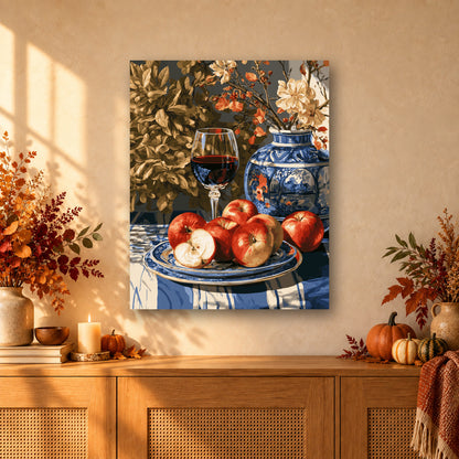 Tableau peinture par numéro Pommes et Porcelaine Bleue accroché dans un intérieur décoré, Maison Artsen