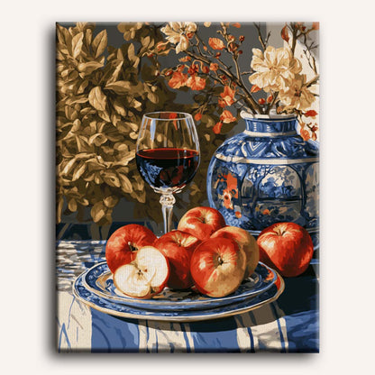 Peinture par numéro adulte Pommes et Porcelaine Bleue, visuel complet du design sur toile, Maison Artsen