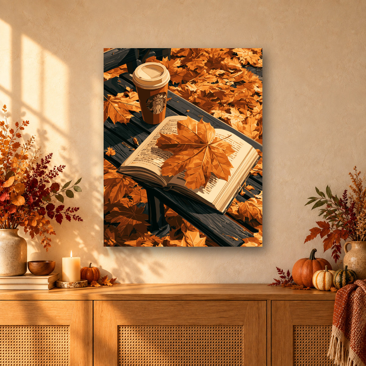 Tableau peinture par numéro Feuilles et Café accroché dans un intérieur décoré, Maison Artsen