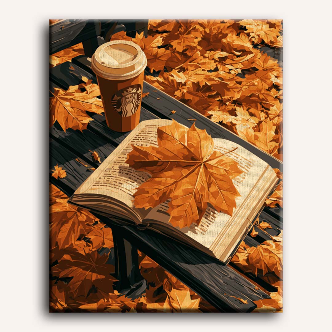 Peinture par numéro adulte Feuilles et Café, visuel complet du design sur toile, Maison Artsen