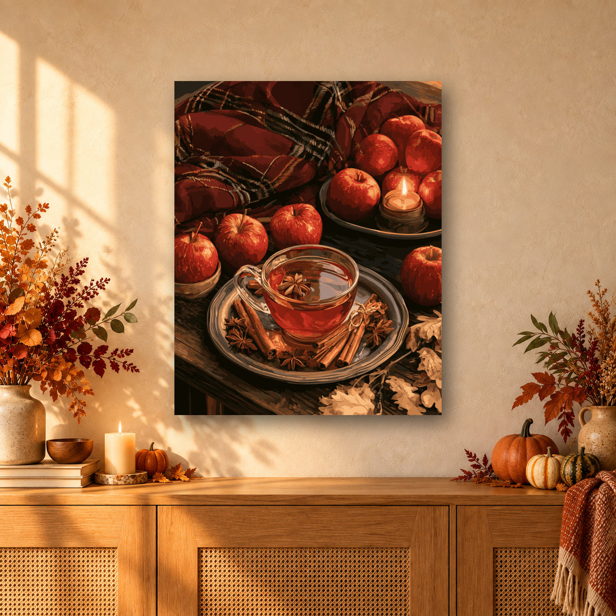 Tableau peinture par numéro Saveurs d'Automne accroché dans un intérieur décoré, Maison Artsen