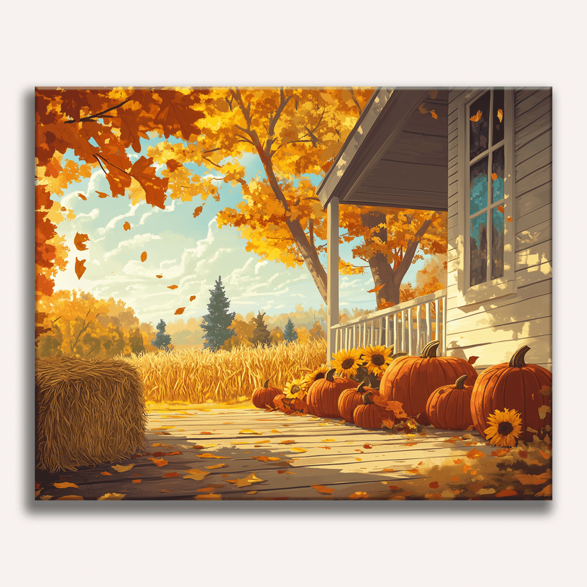 Peinture par numéro adulte Maison aux Couleurs d'Automne, visuel complet du design sur toile, Maison Artsen