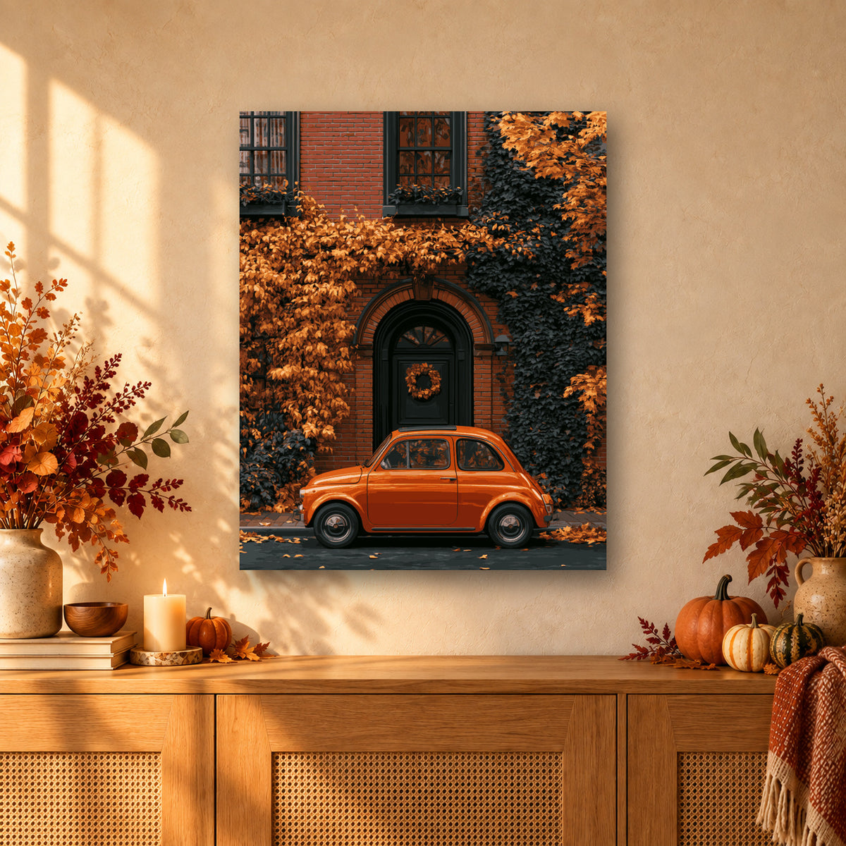 Tableau peinture par numéro Coin de Rue en Automne accroché dans un intérieur décoré, Maison Artsen