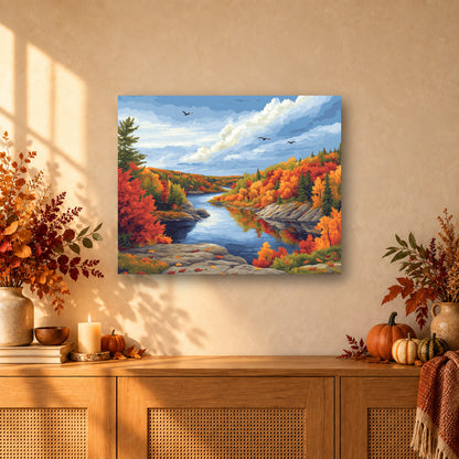Tableau peinture par numéro Rivière aux Collines d'Automne accroché dans un intérieur décoré, Maison Artsen