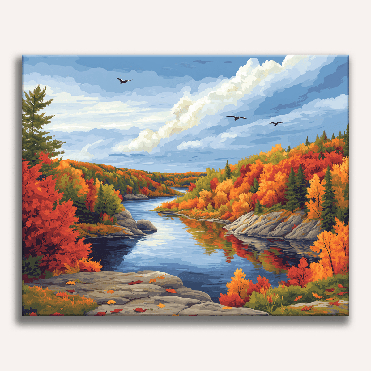 Peinture par numéro adulte Rivière aux Collines d'Automne, visuel complet du design sur toile, Maison Artsen