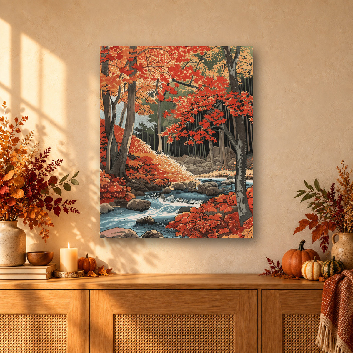 Tableau peinture par numéro Ruisseau sous les Érables Rouges accroché dans un intérieur décoré, Maison Artsen