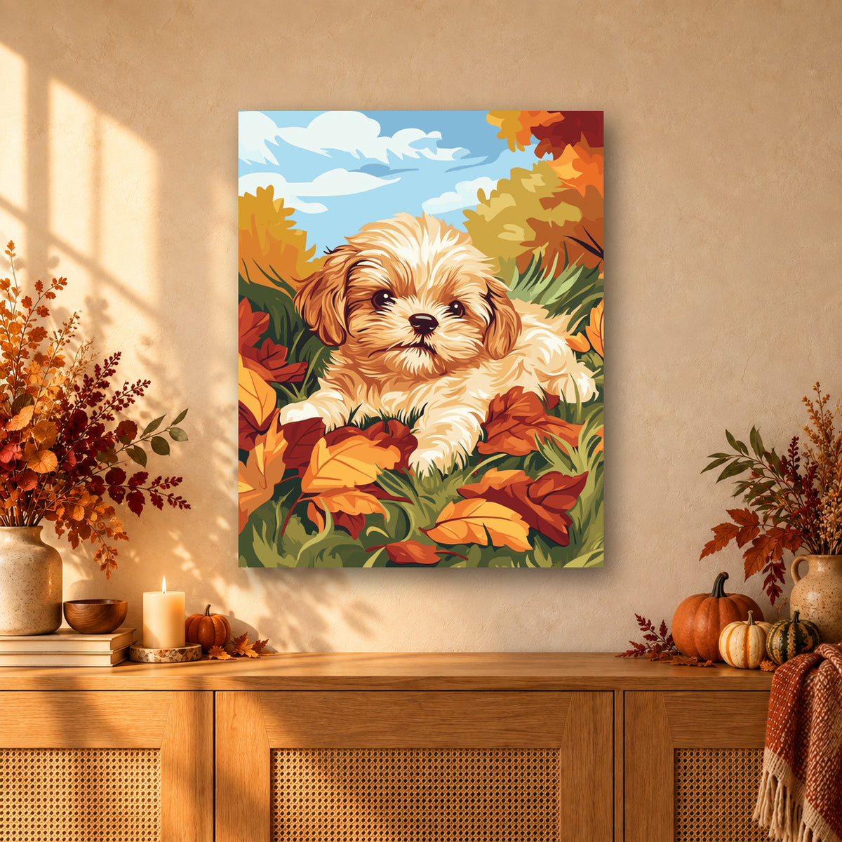 Tableau peinture par numéro Chiot dans les Feuilles accroché dans un intérieur décoré, Maison Artsen