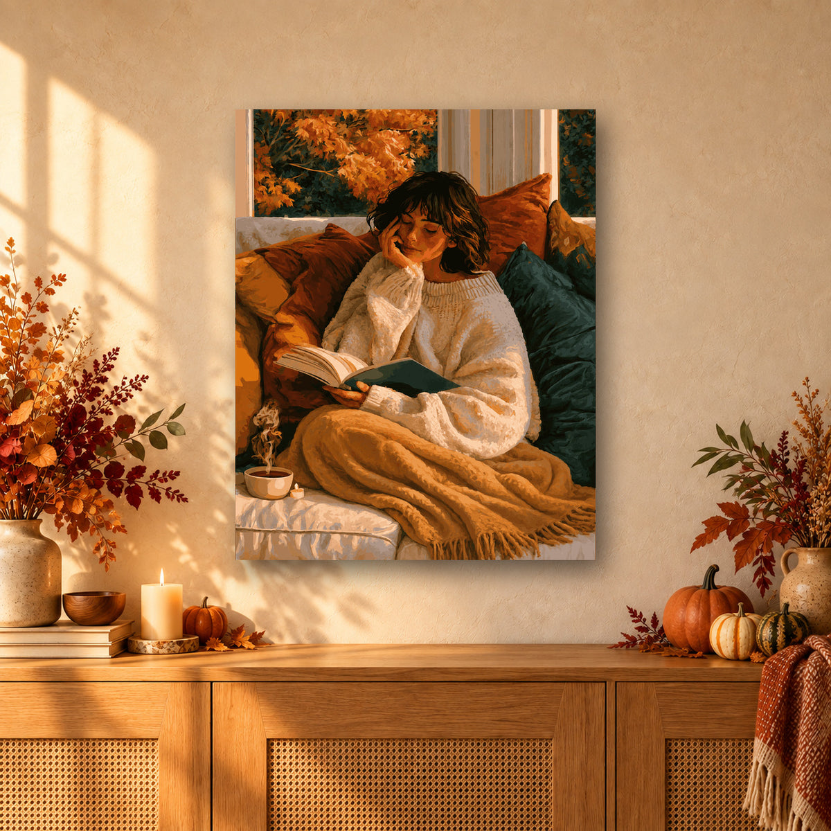 Tableau peinture par numéro Lecture d'un Après-Midi d'Automne accroché dans un intérieur décoré, Maison Artsen