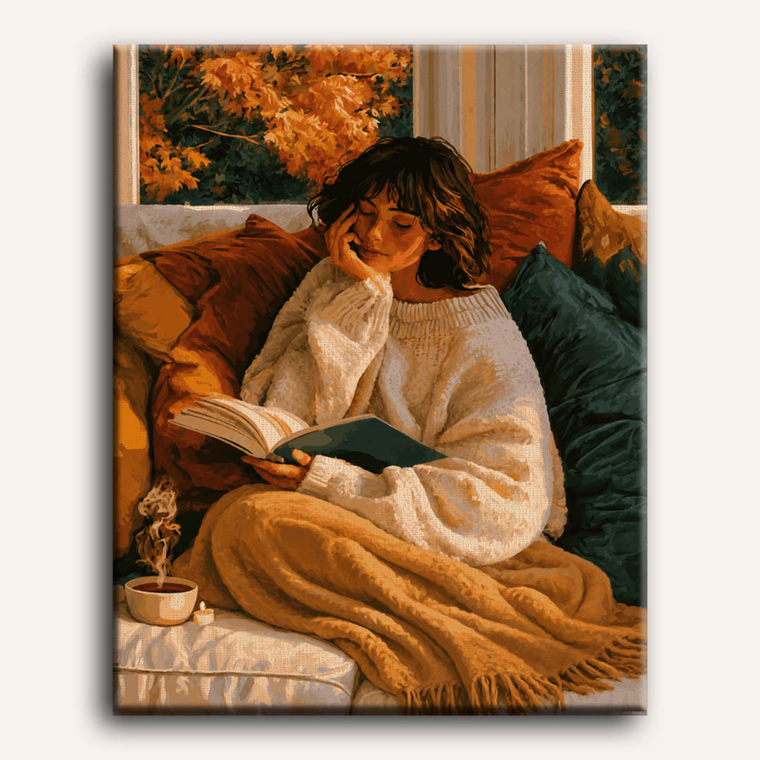 Peinture par numéro adulte Lecture d'un Après-Midi d'Automne, visuel complet du design sur toile, Maison Artsen