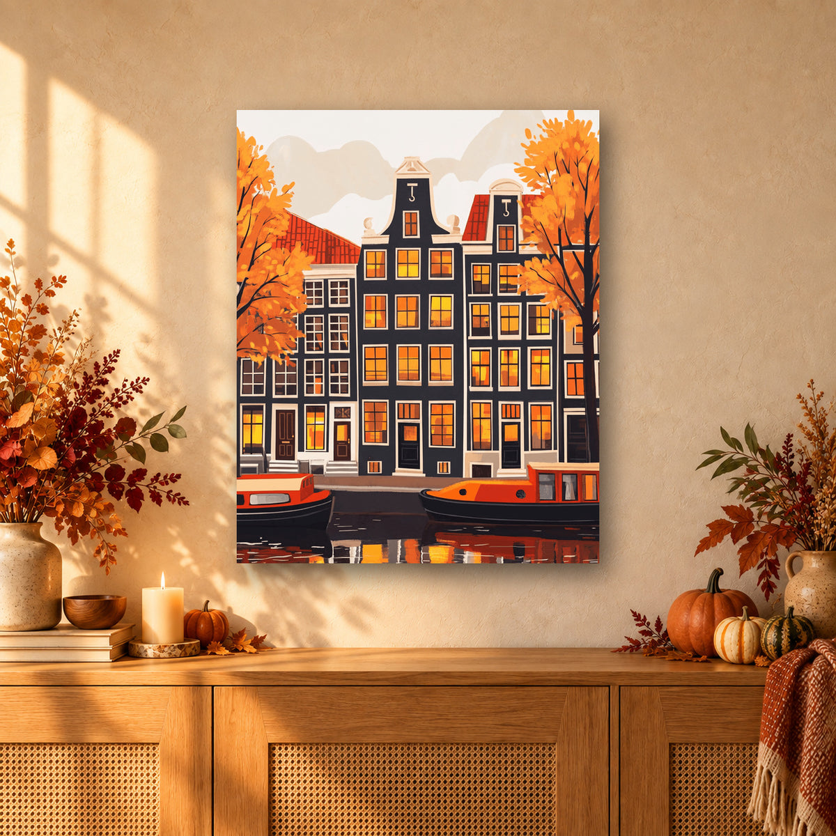 Tableau peinture par numéro Maisons d'Amsterdam en Automne accroché dans un intérieur décoré, Maison Artsen