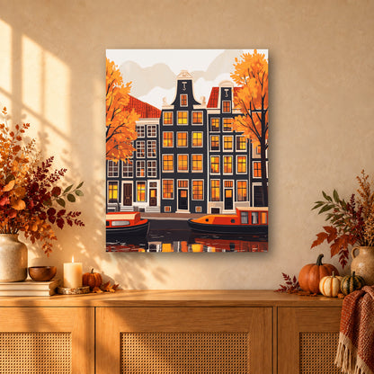 Tableau peinture par numéro Maisons d'Amsterdam en Automne accroché dans un intérieur décoré, Maison Artsen